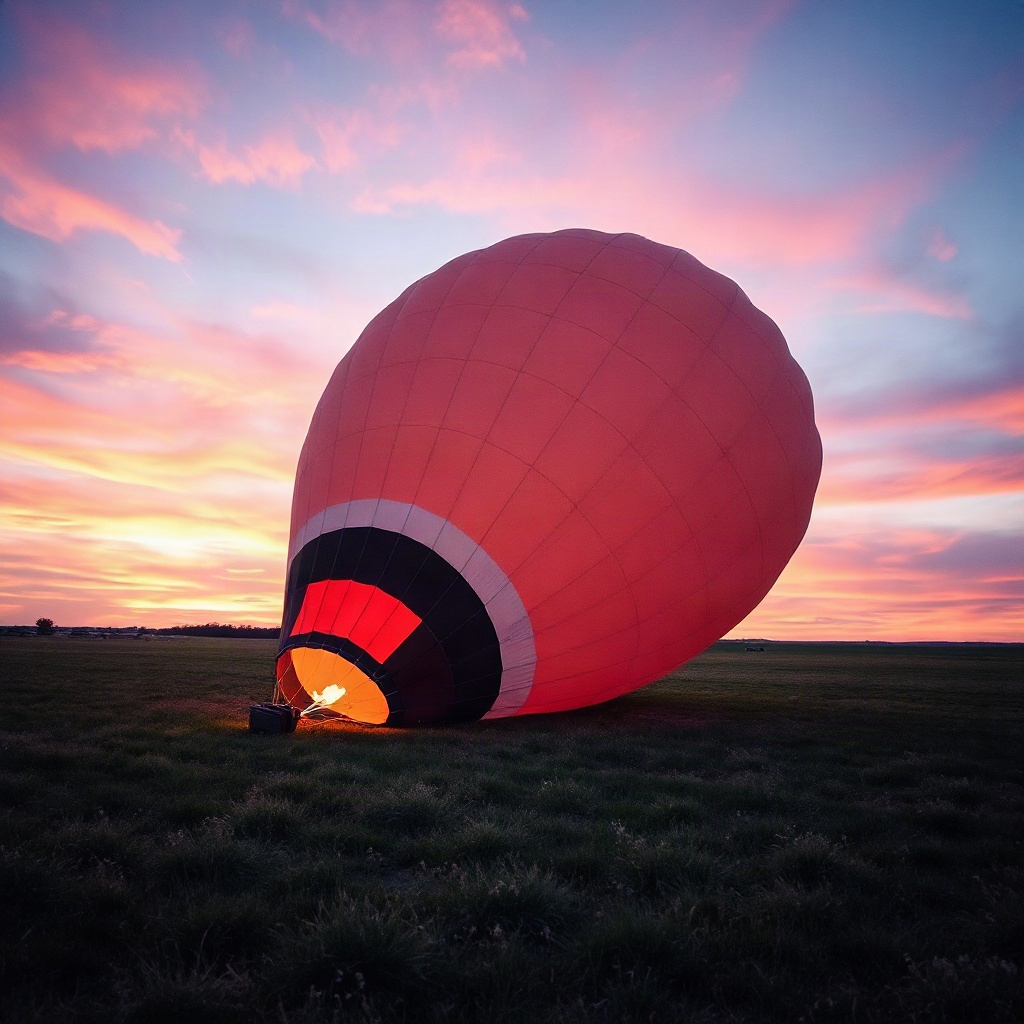 Weather balloon inflating on a grass airfield at dawn