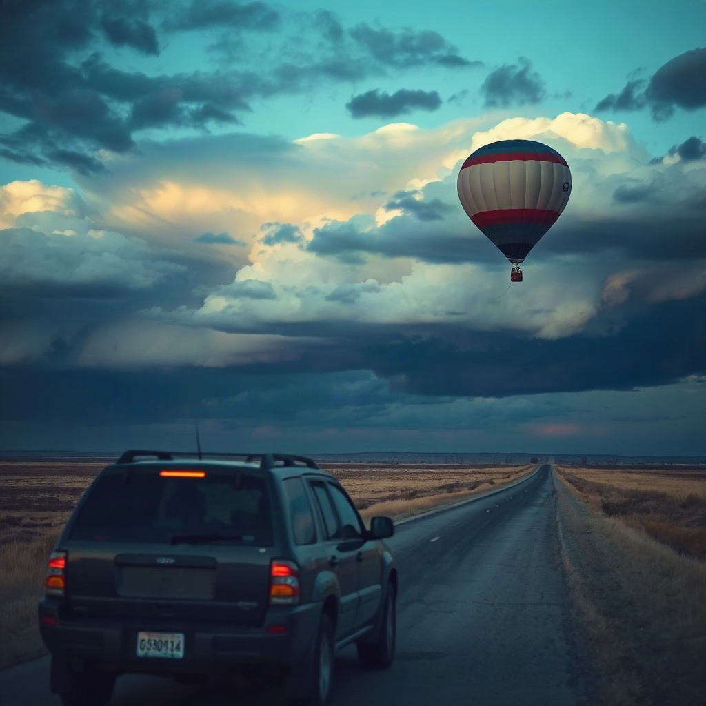 Chase vehicle on open prairie road under dramatic clouds