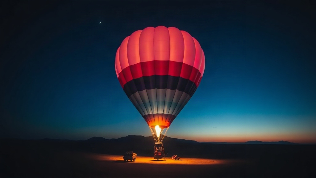 Colorful latex weather balloon ascending through twilight sky