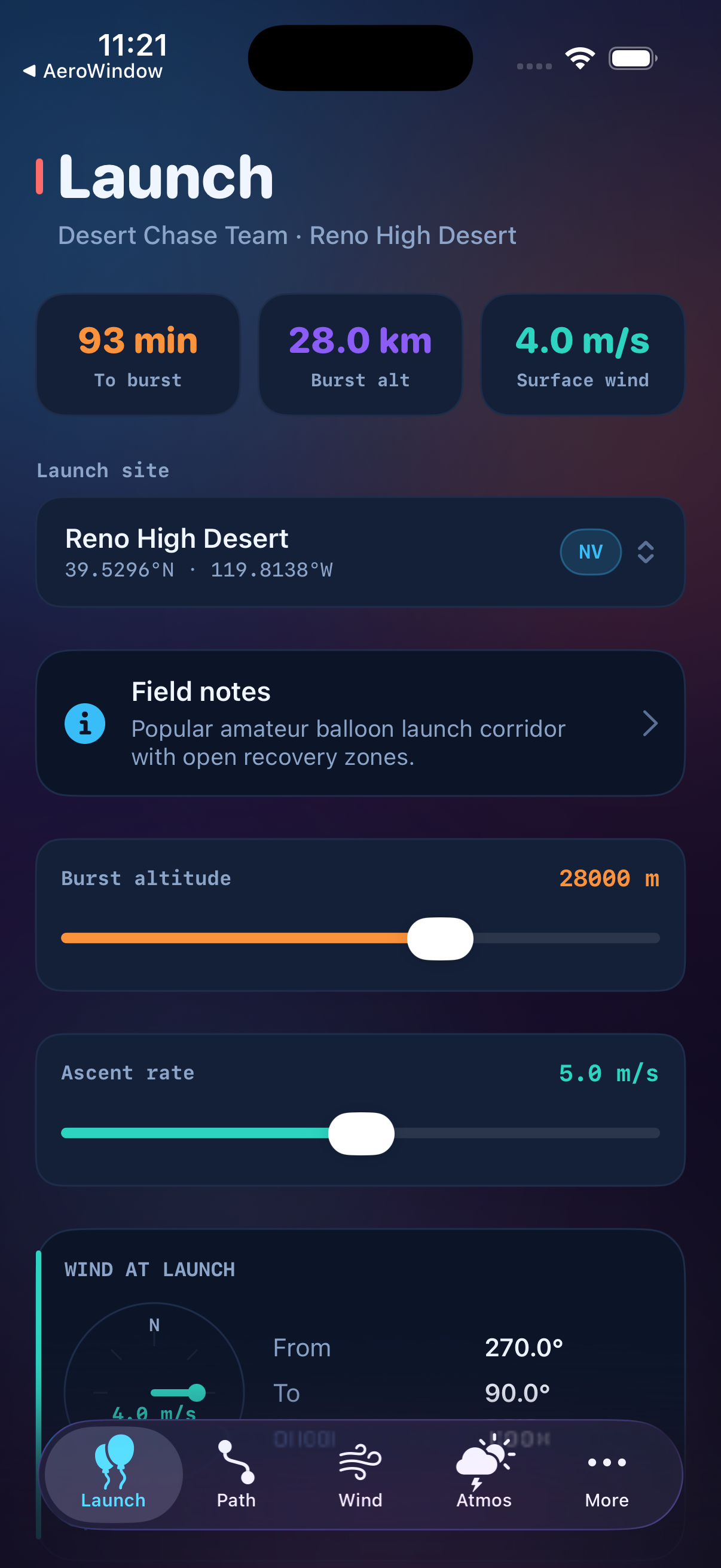 SkyLaunch Path tab showing horizontal drift chart