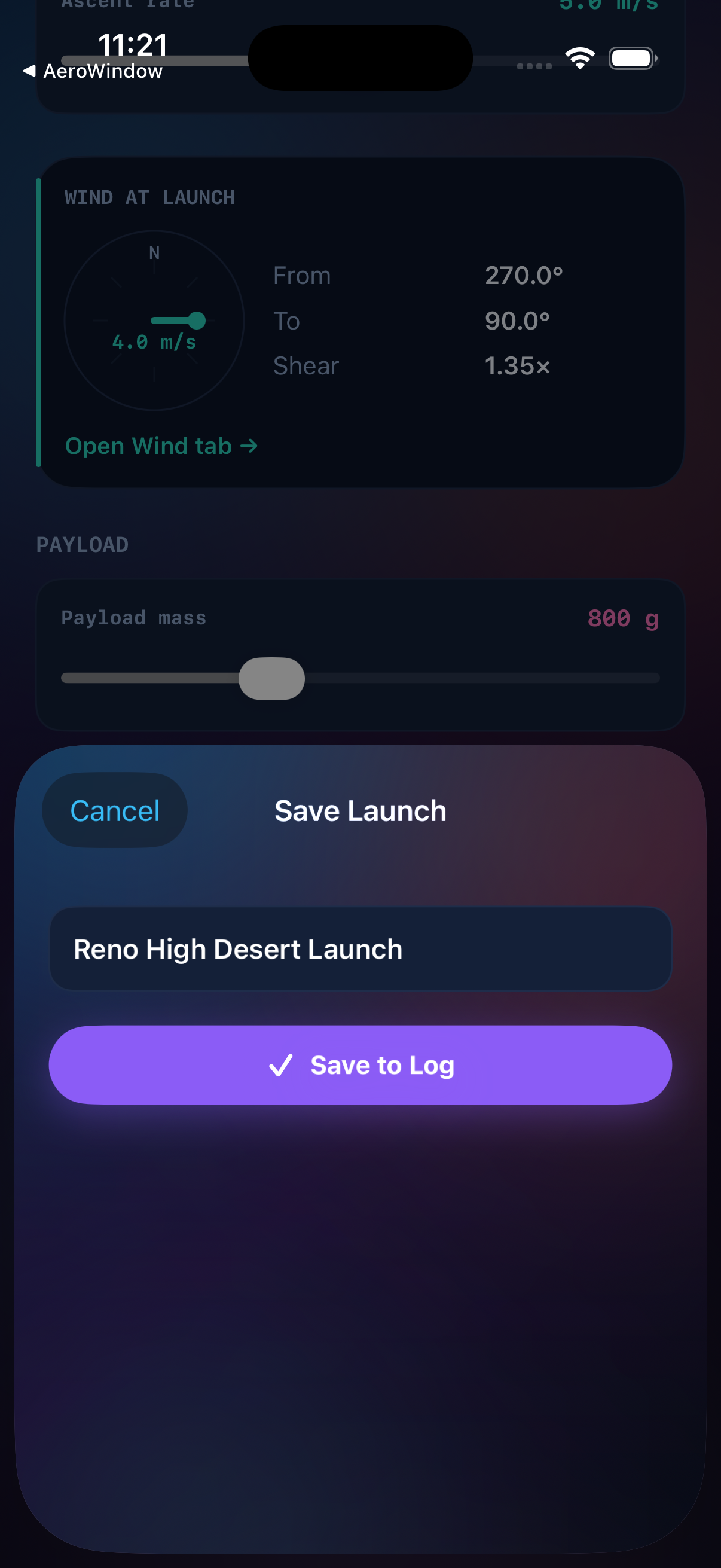 SkyLaunch Wind tab with shear layers and direction dial